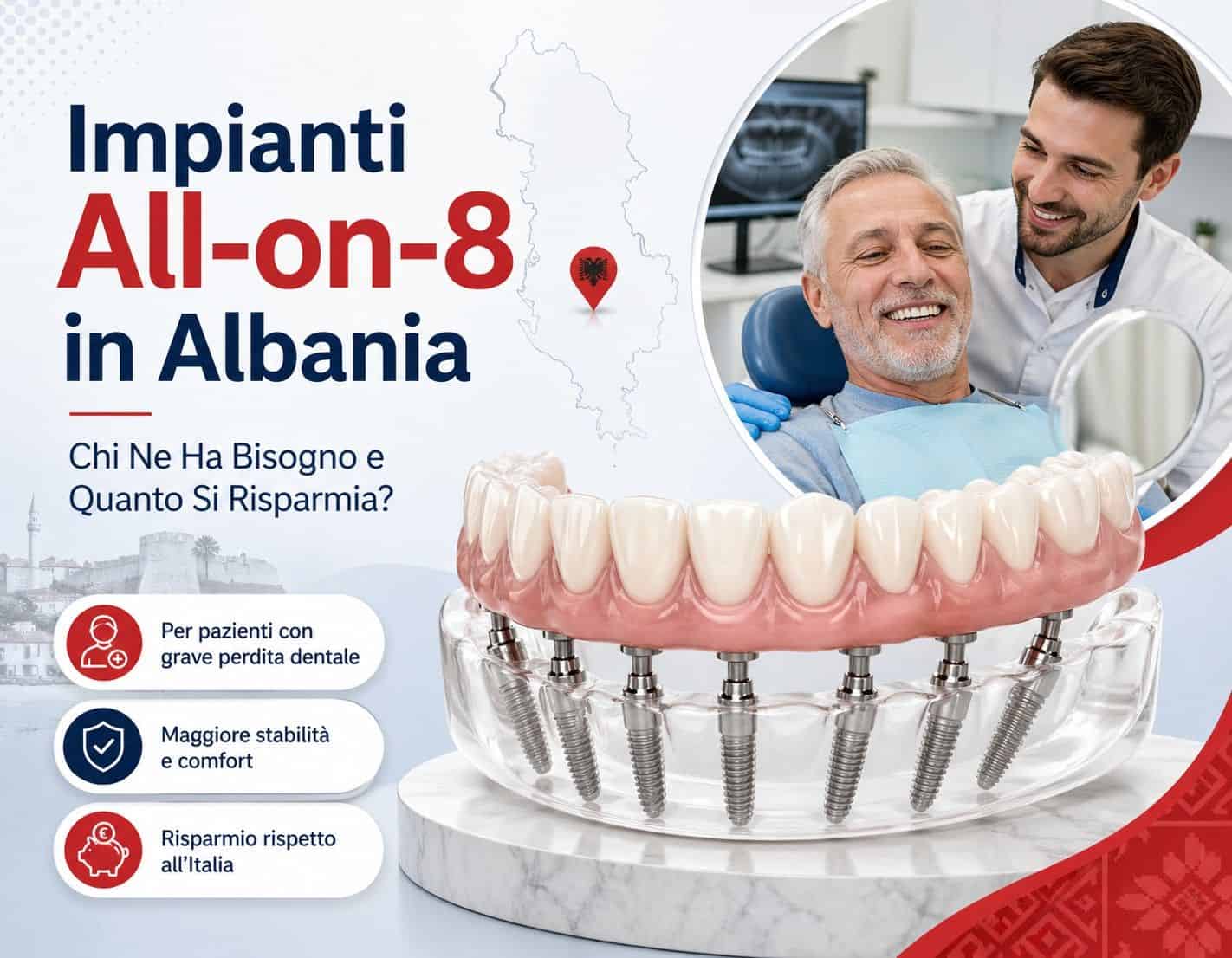Impianti All-on-8 in Albania per pazienti con grave perdita dentale e risparmio rispetto all’Italia